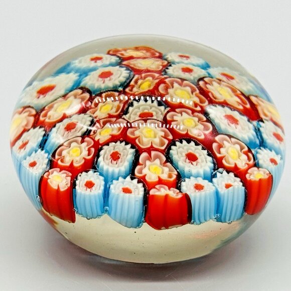 Millefiori Thousand Flowers Glass Paperweight 2 inch Red Blue Floral - Picture 2 of 6